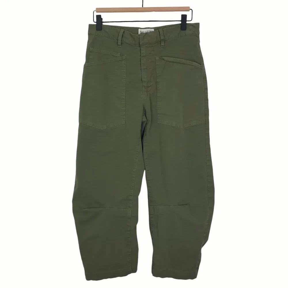 Nili Lotan Shon Pant Camo Green Twill Cotton Barrel Leg Cropped Hemmed Size 0 - Picture 3 of 10